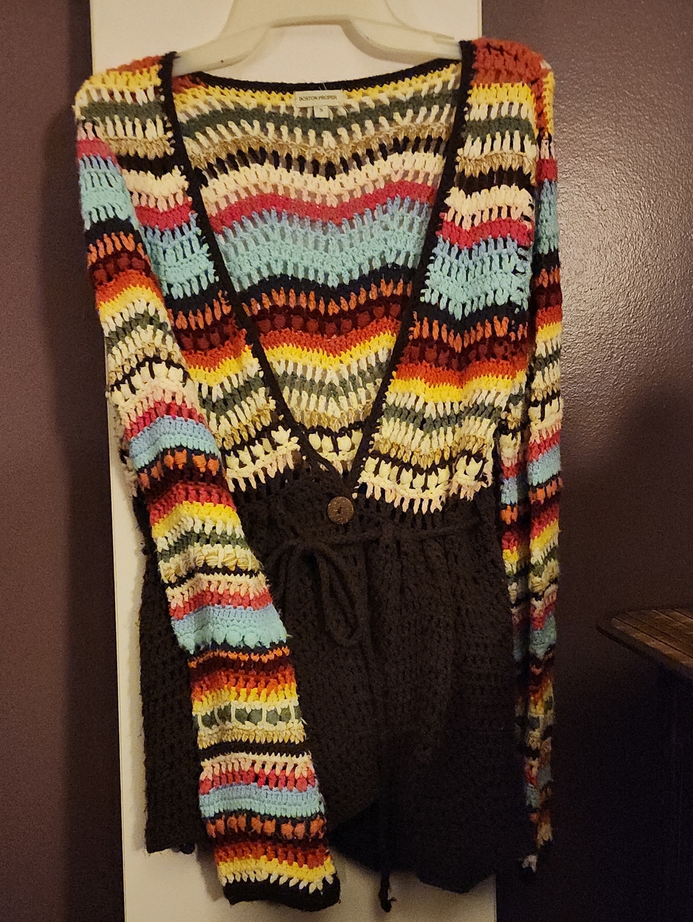 Boston Proper Multicolor Crochet V-Neck Sweater with Black Trim